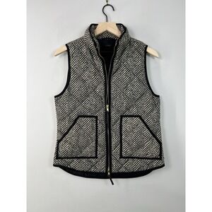 J Crew Womens Down Vest Small Herringbone Black Cream Zip Puffer